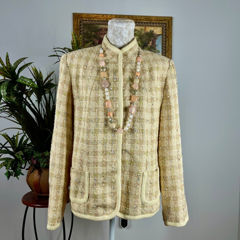 J.G. Hook Tweed Blazer Jacket Womens 16 Yellow Tan Metallic Plaid Vintage 90s